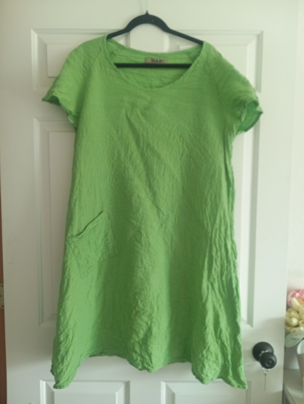 Flax Green Short-Sleeve Midi Linen Dress...A-line..Hard To Find
